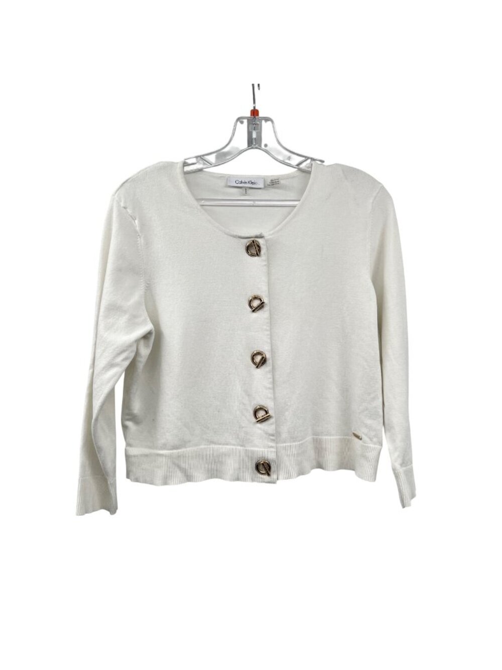 Calvin Klein Cropped Lightweight Cardigan Toggles 3/4 Sleeve Off White Medium